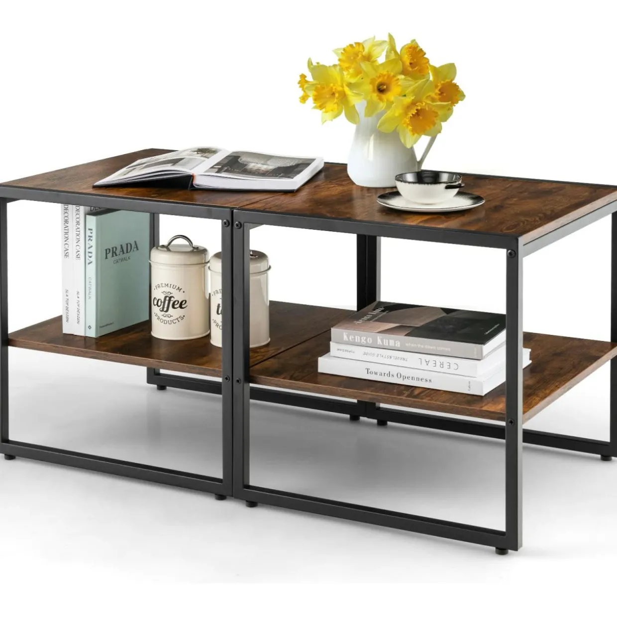 Tangkula Side Table Set of 2, 2 Tier Coffee Table with Mental Frame Wood Top