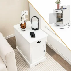 Tangkula Side Table with Charging Station, Modern Nightstand, Narrow End Table