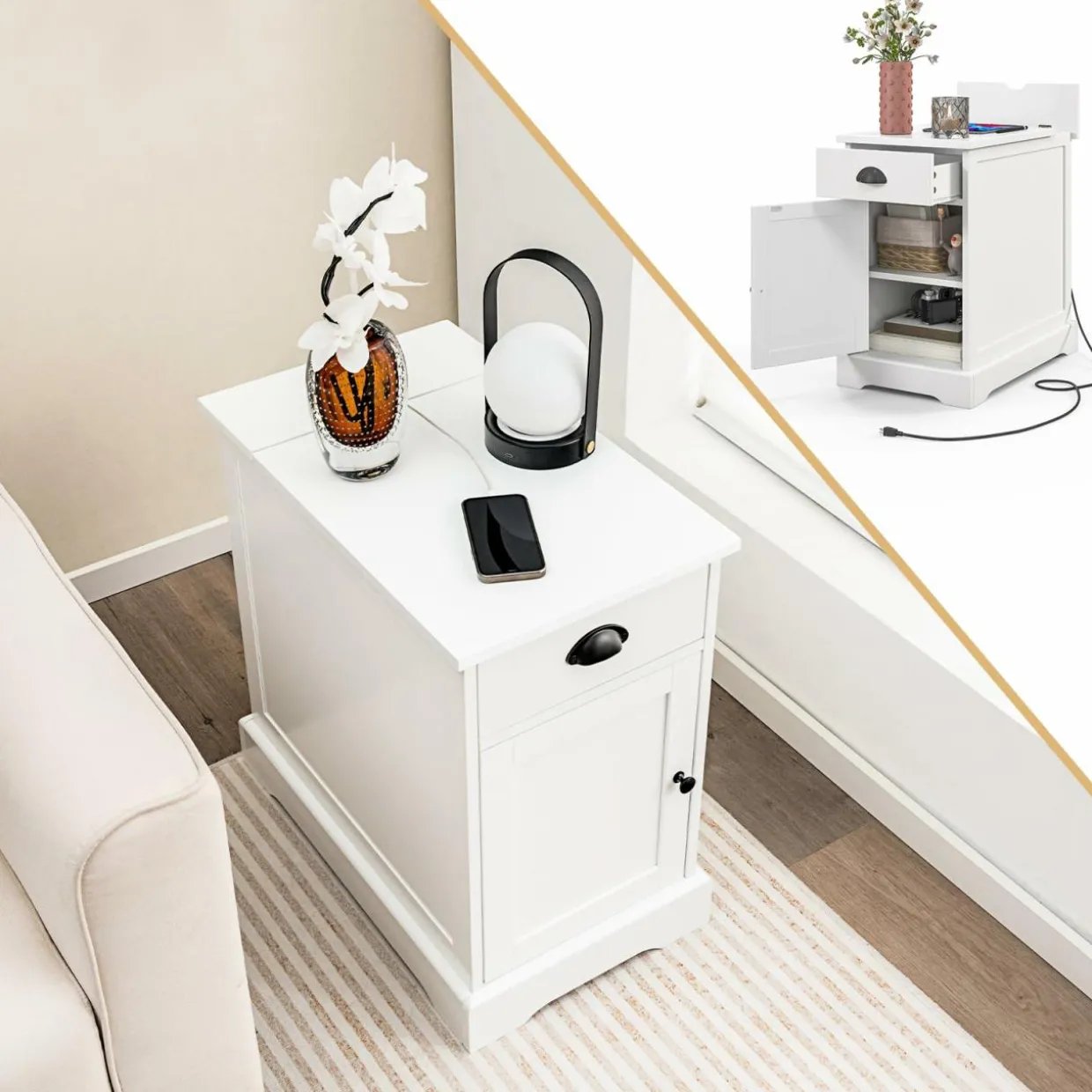 Tangkula Side Table with Charging Station, Modern Nightstand, Narrow End Table
