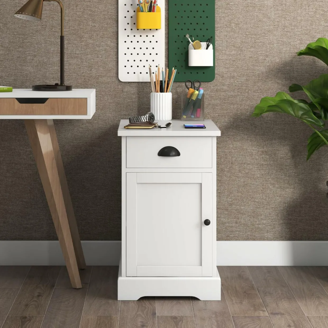 Tangkula Side Table with Charging Station, Modern Nightstand, Narrow End Table