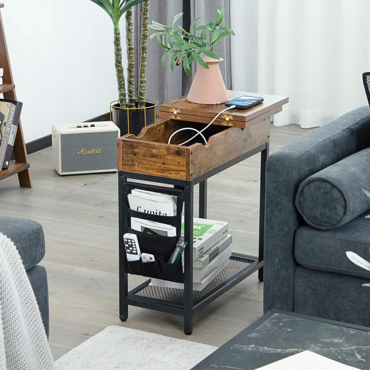 Tangkula Side Table with Charging Station, Flip Top End Table with USB Ports & Outlets
