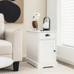 Tangkula Side Table with Charging Station, Modern Nightstand, Narrow End Table