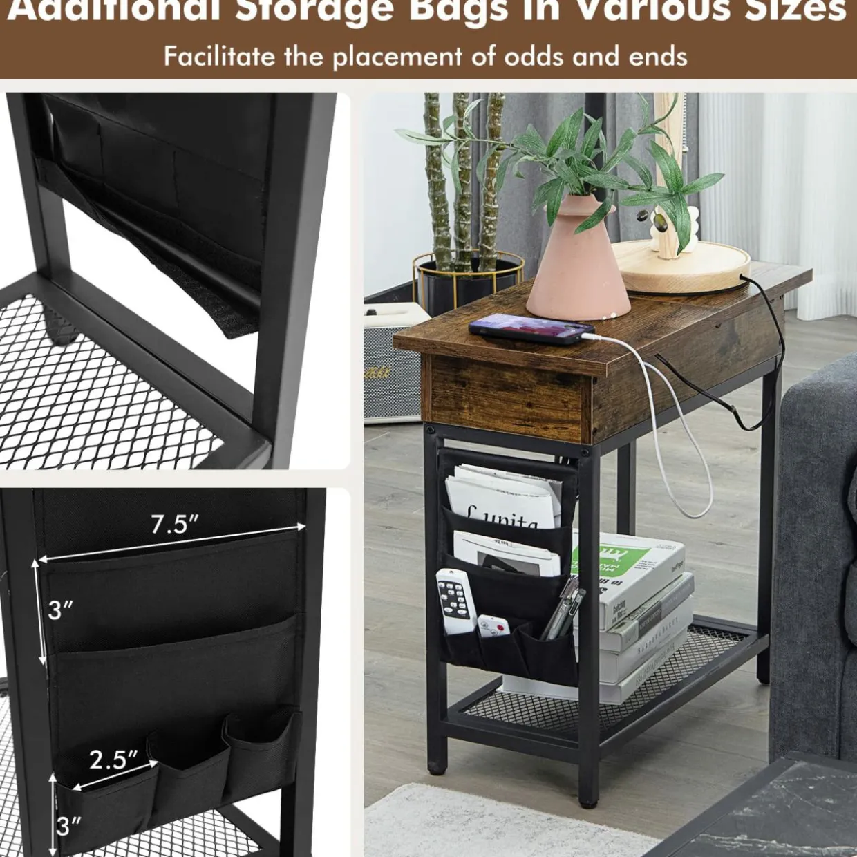 Tangkula Side Table with Charging Station, Flip Top End Table with USB Ports & Outlets