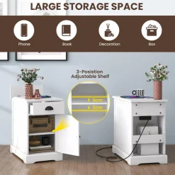 Tangkula Side Table with Charging Station, Modern Nightstand, Narrow End Table