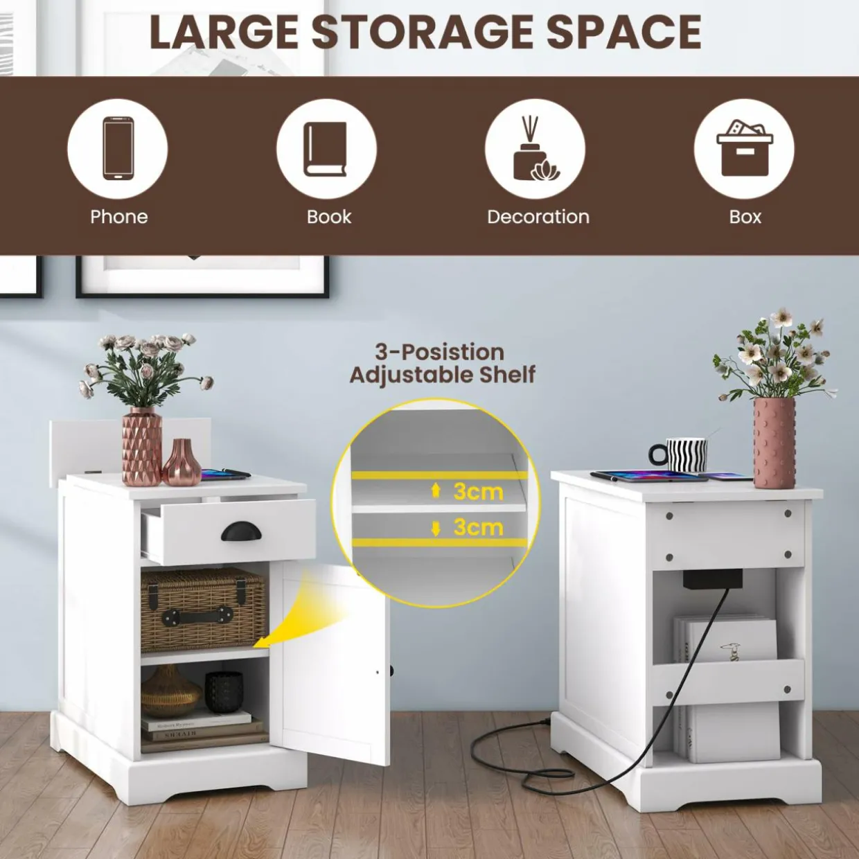 Tangkula Side Table with Charging Station, Modern Nightstand, Narrow End Table