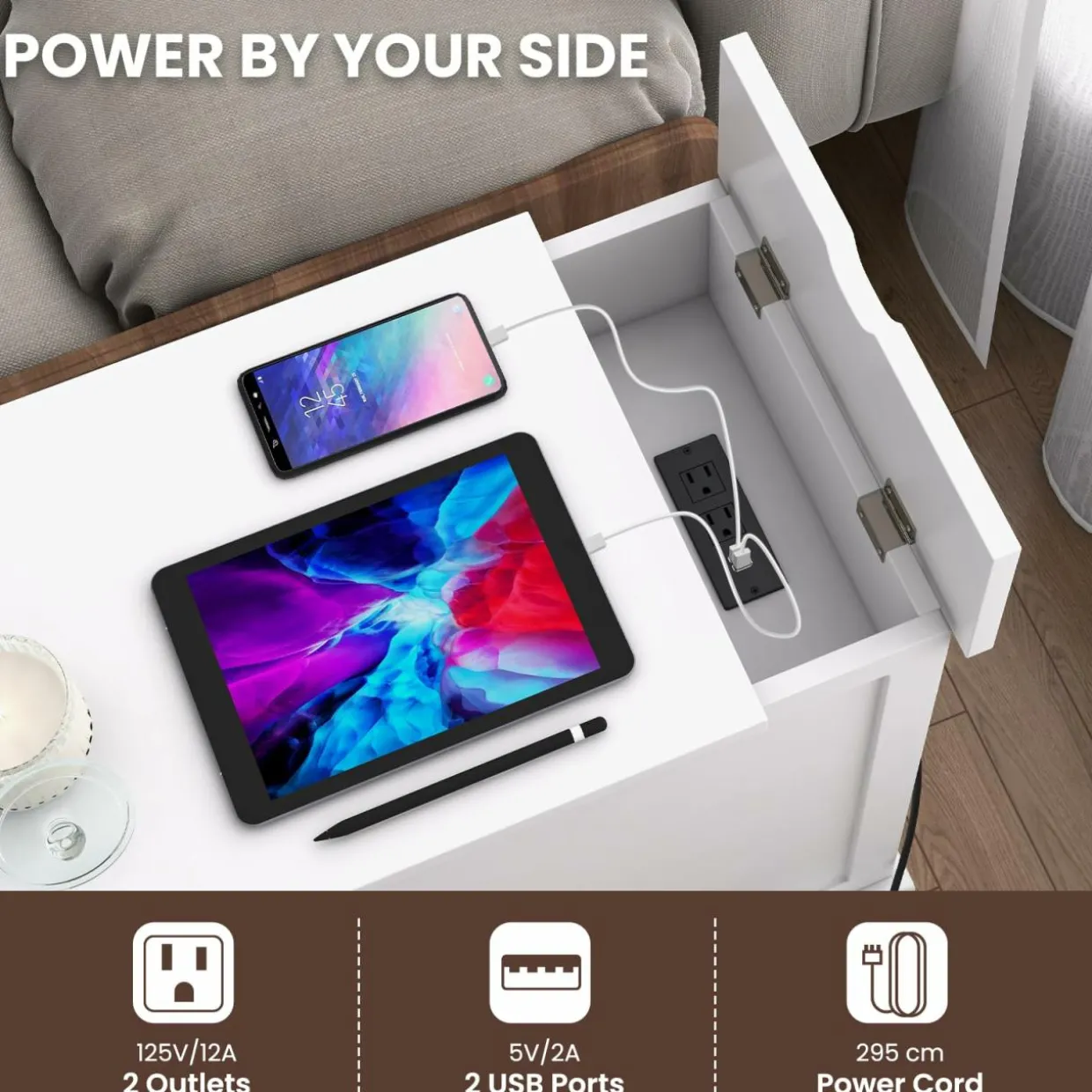 Tangkula Side Table with Charging Station, Modern Nightstand, Narrow End Table