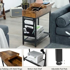 Tangkula Side Table with Charging Station, Flip Top End Table with USB Ports & Outlets