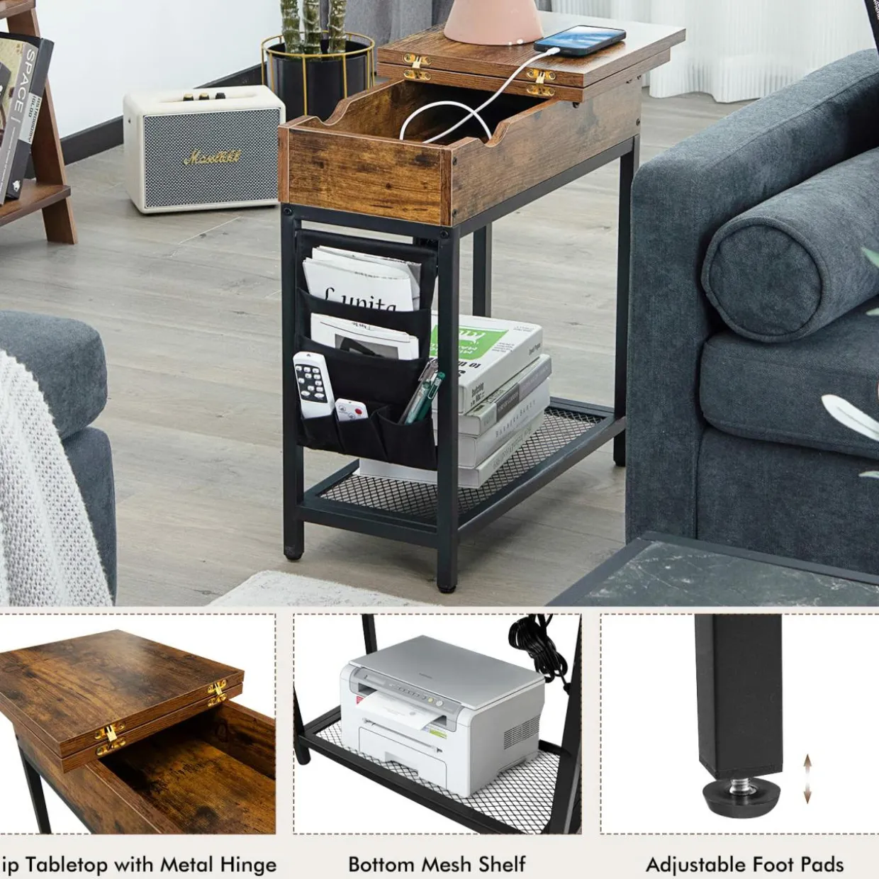 Tangkula Side Table with Charging Station, Flip Top End Table with USB Ports & Outlets