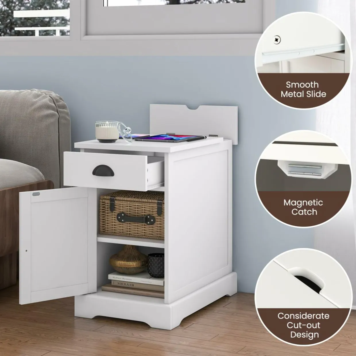 Tangkula Side Table with Charging Station, Modern Nightstand, Narrow End Table
