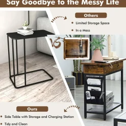 Tangkula Side Table with Charging Station, Flip Top End Table with USB Ports & Outlets