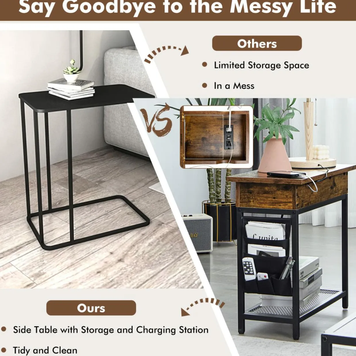 Tangkula Side Table with Charging Station, Flip Top End Table with USB Ports & Outlets