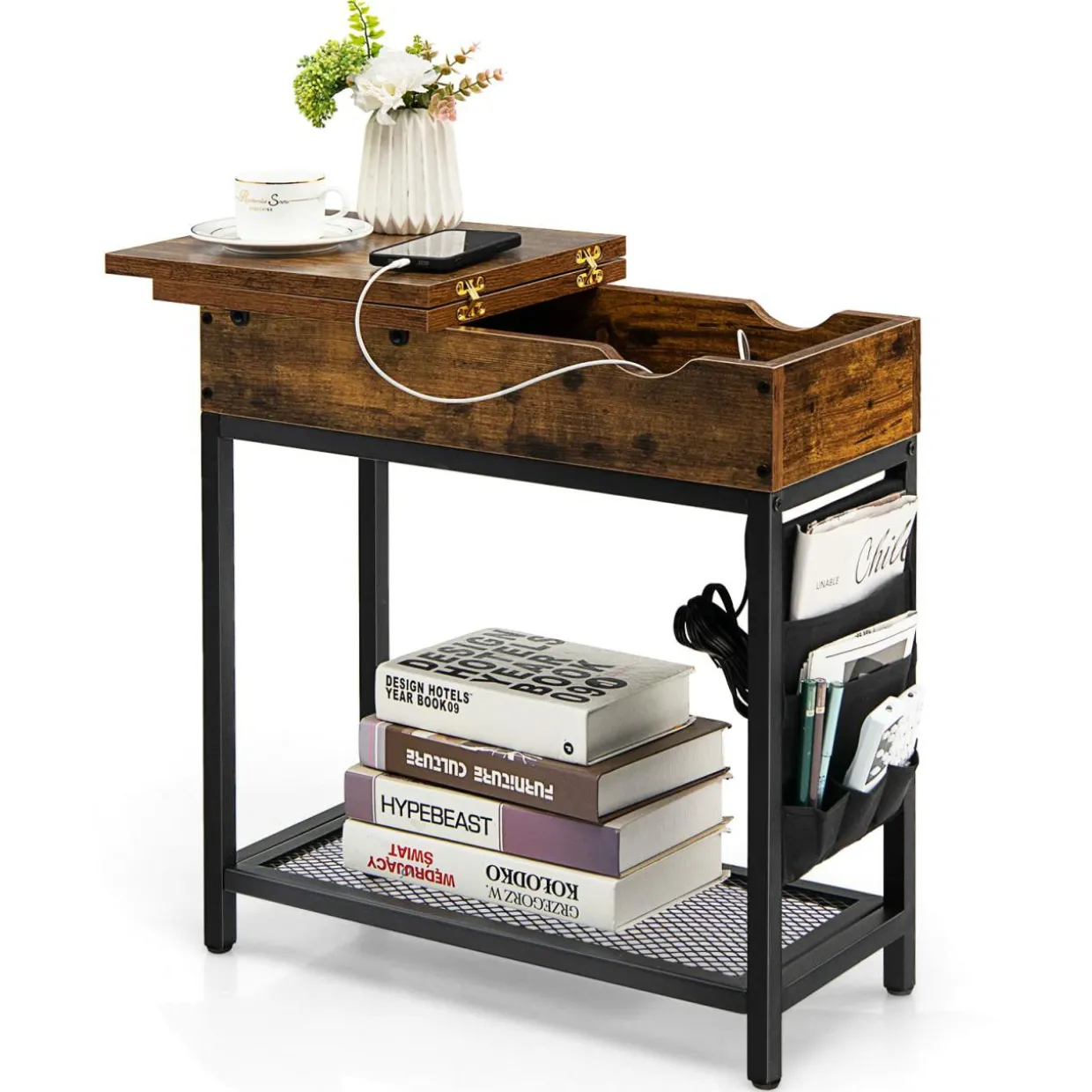 Tangkula Side Table with Charging Station, Flip Top End Table with USB Ports & Outlets