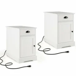 Tangkula Side Table with Charging Station, Modern Nightstand, Narrow End Table