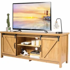Tangkula Sliding Barn Door TV Stand, Wood TV Storage Cabinet for TVs Up to 65 Inch