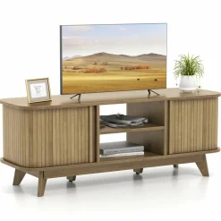 Tangkula Sliding Doors TV Stand for TV up to 55 Inch, Mid Century Modern TV Console Table (Oak)