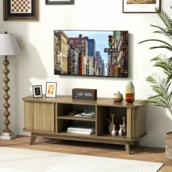 Tangkula Sliding Doors TV Stand for TV up to 55 Inch, Mid Century Modern TV Console Table (Oak)