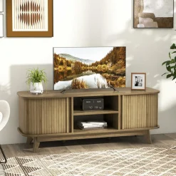 Tangkula Sliding Doors TV Stand for TV up to 55 Inch, Mid Century Modern TV Console Table (Oak)
