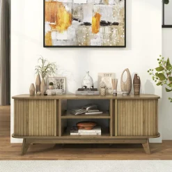 Tangkula Sliding Doors TV Stand for TV up to 55 Inch, Mid Century Modern TV Console Table (Oak)