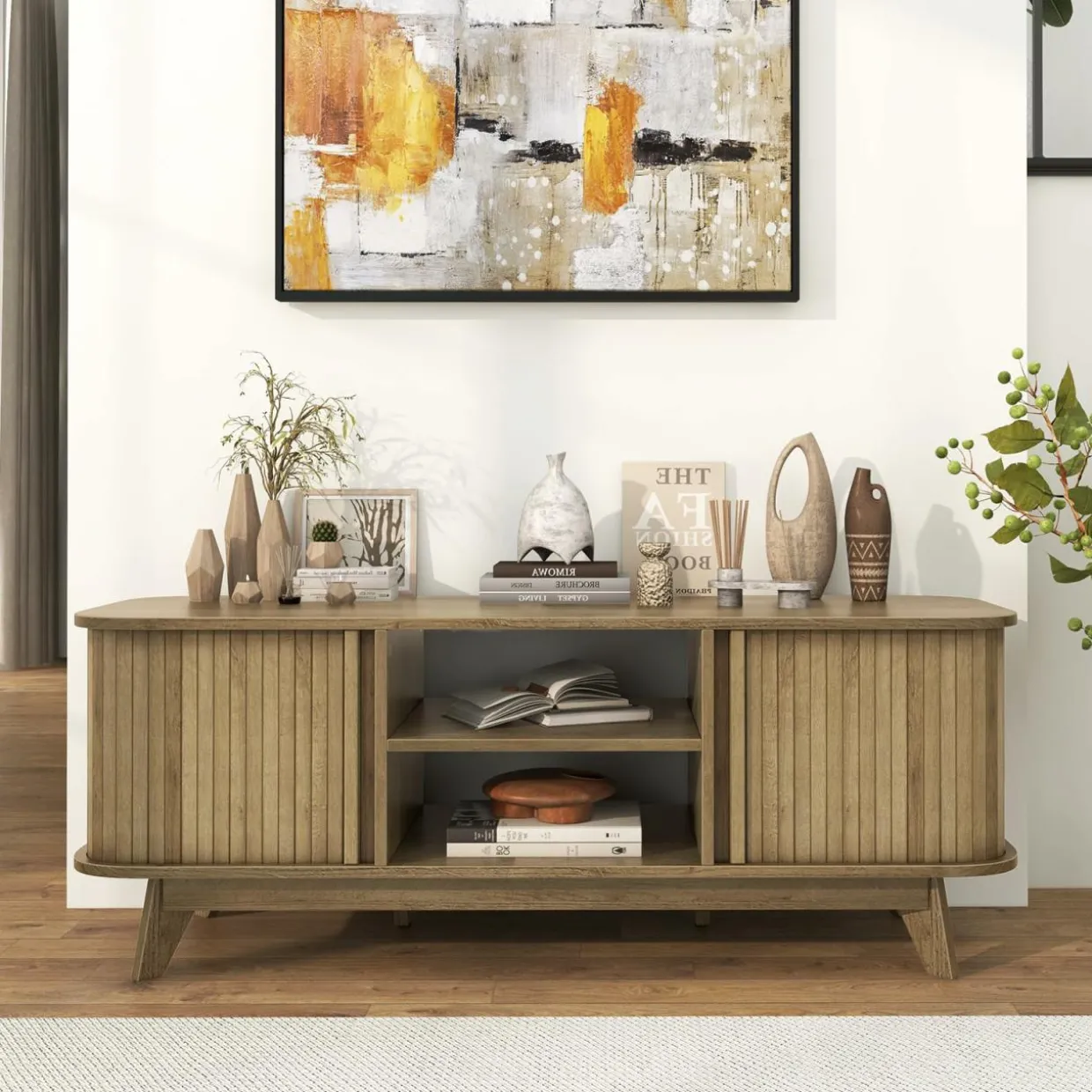 Tangkula Sliding Doors TV Stand for TV up to 55 Inch, Mid Century Modern TV Console Table (Oak)