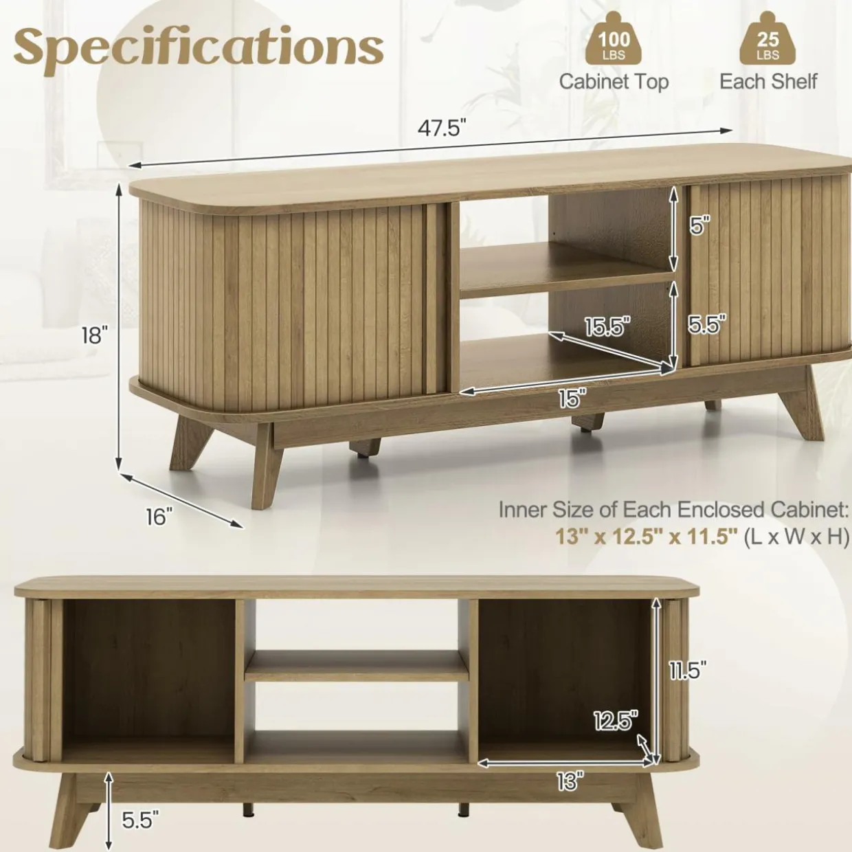 Tangkula Sliding Doors TV Stand for TV up to 55 Inch, Mid Century Modern TV Console Table (Oak)