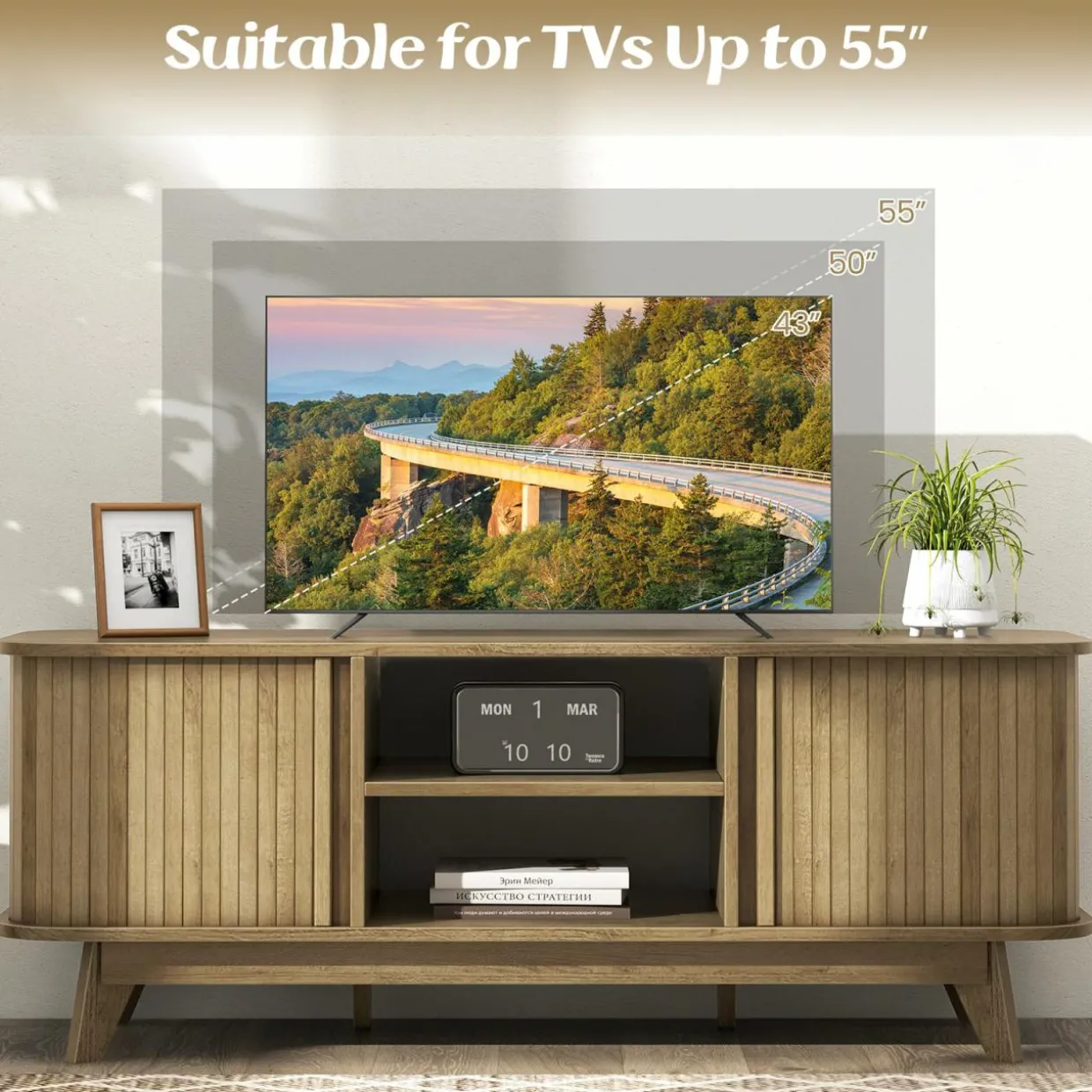 Tangkula Sliding Doors TV Stand for TV up to 55 Inch, Mid Century Modern TV Console Table (Oak)