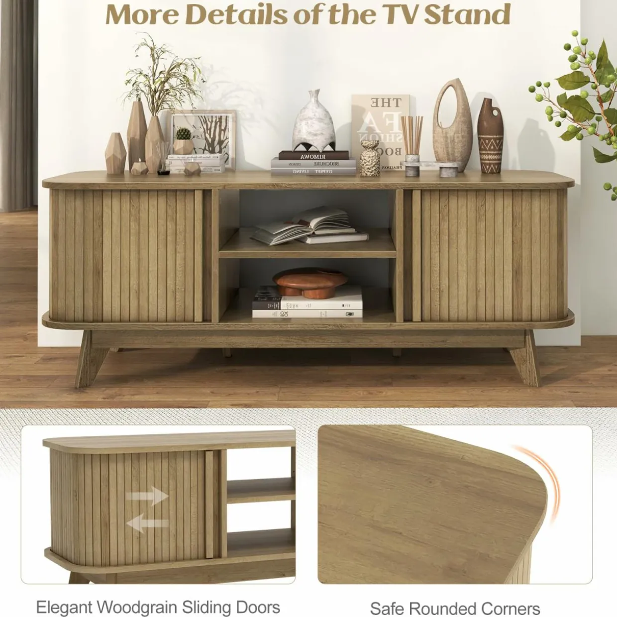 Tangkula Sliding Doors TV Stand for TV up to 55 Inch, Mid Century Modern TV Console Table (Oak)