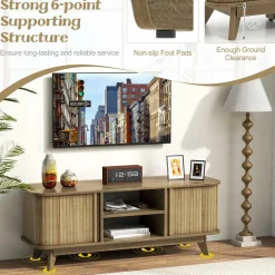 Tangkula Sliding Doors TV Stand for TV up to 55 Inch, Mid Century Modern TV Console Table (Oak)