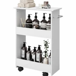 Tangkula Slim Bathroom Storage Shelves, Wooden Rolling Storage Cabinet
