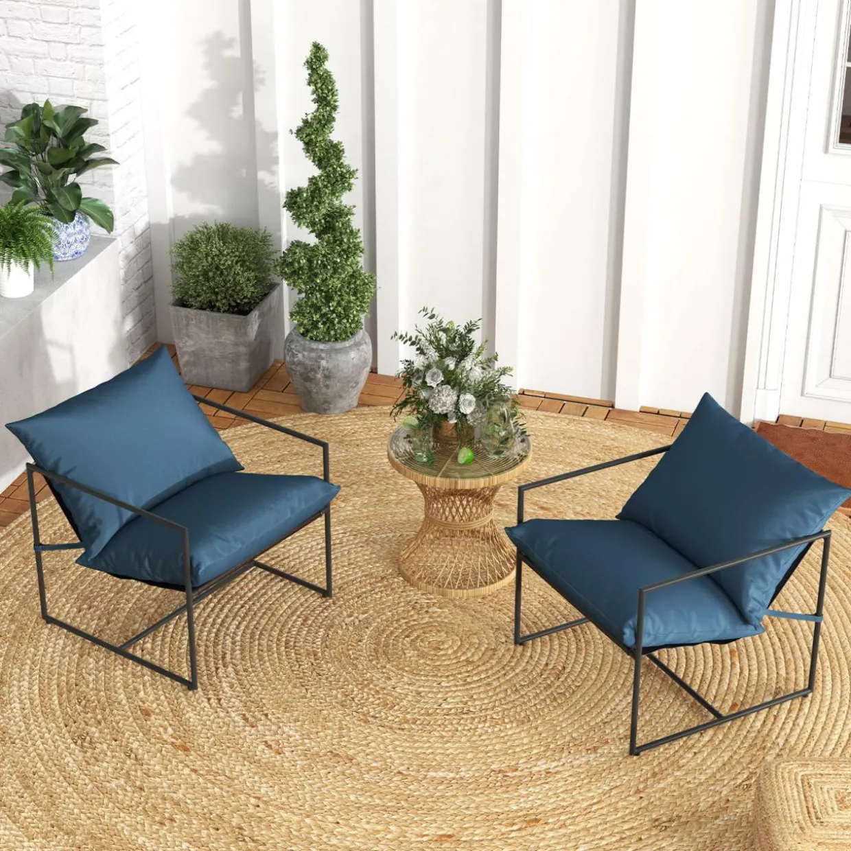 Tangkula Sling Accent Chair, Indoor Outdoor Leisure Chair with Seat & Back Cushions (Navy)