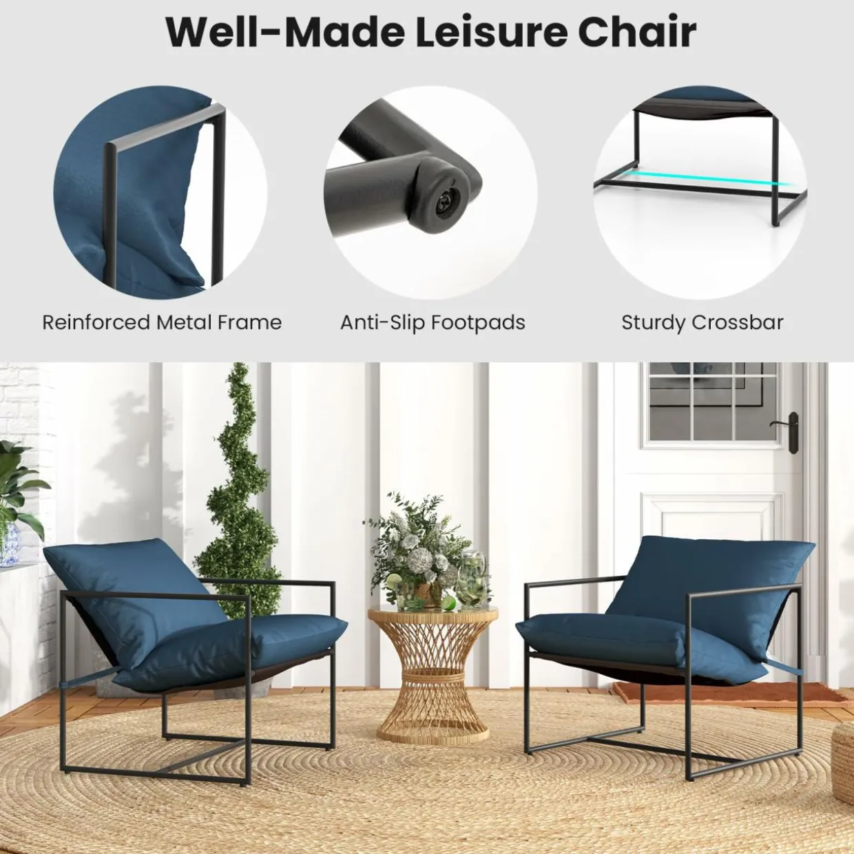 Tangkula Sling Accent Chair, Indoor Outdoor Leisure Chair with Seat & Back Cushions (Navy)