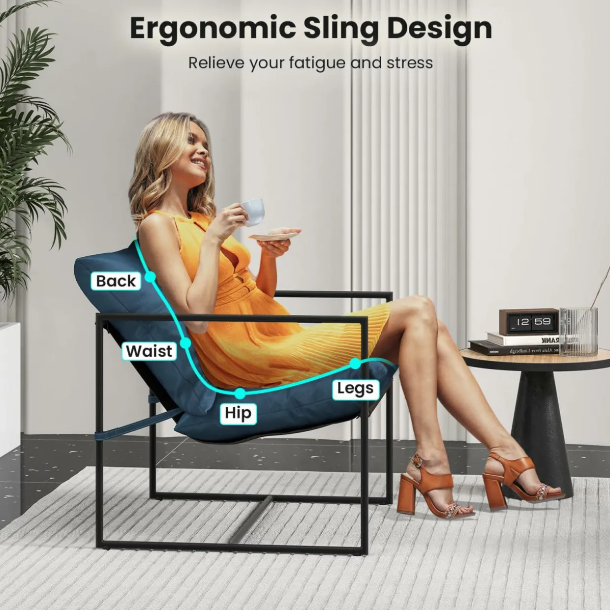 Tangkula Sling Accent Chair, Indoor Outdoor Leisure Chair with Seat & Back Cushions (Navy)