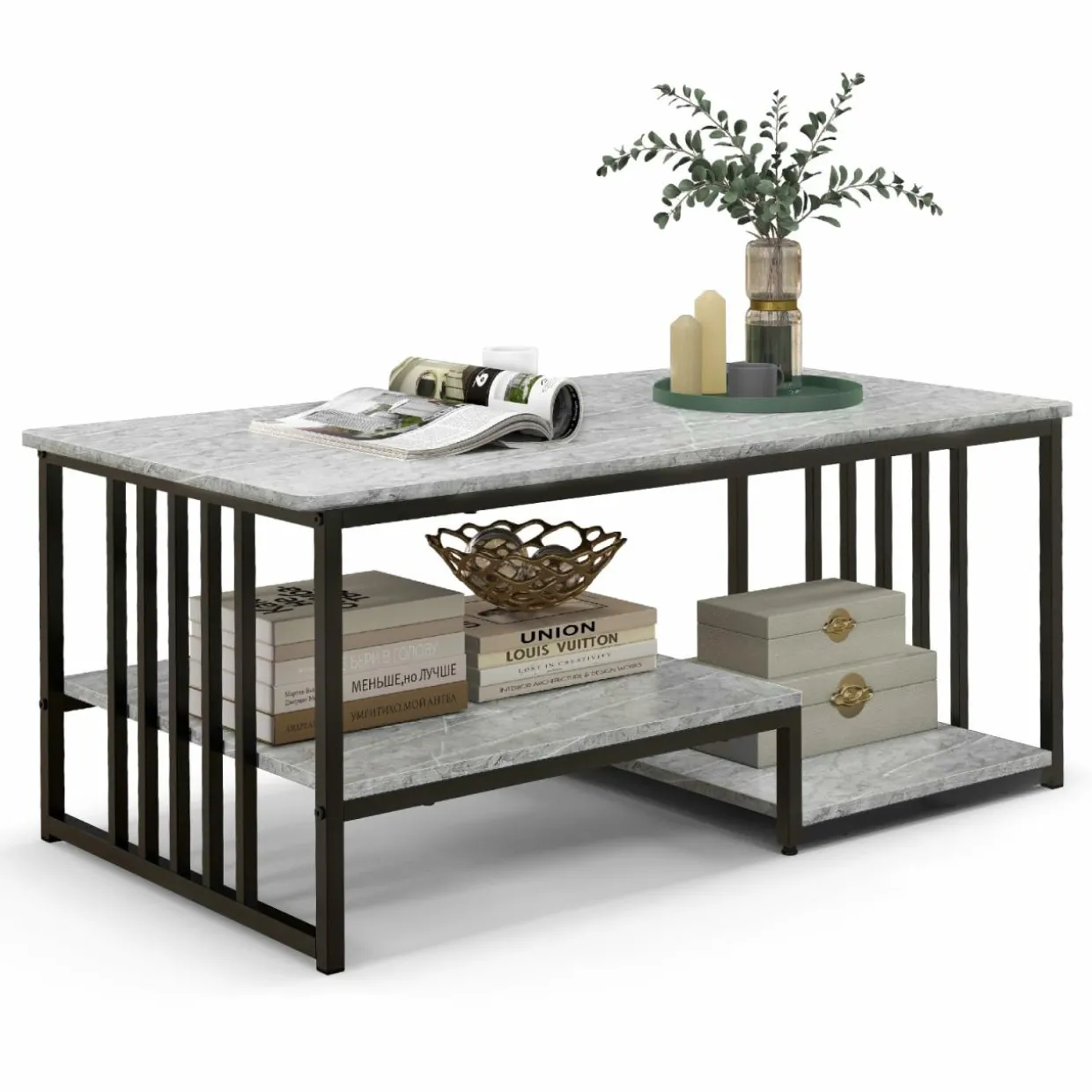 Tangkula Small Coffee Table for Small Spaces, Rectangular Cocktail Table with Storage (Retro, Gray, 43 Inch)