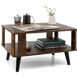 Tangkula Small Coffee Table for Small Space, 2-Tier Wooden Center Table with Open Storage Shelf