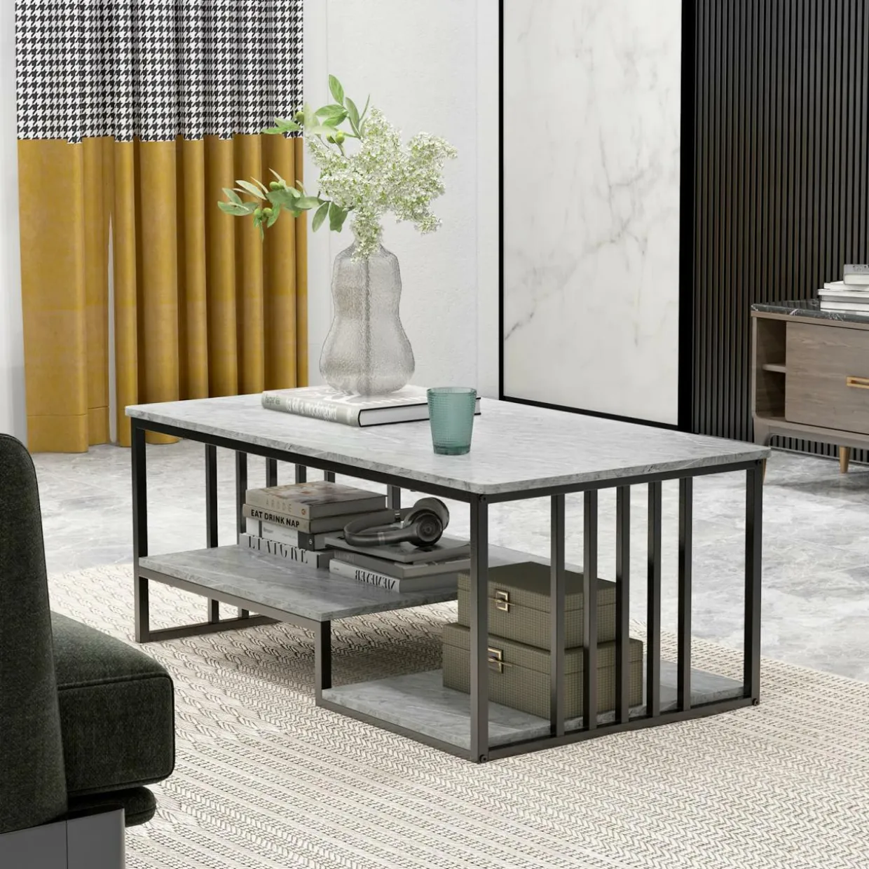Tangkula Small Coffee Table for Small Spaces, Rectangular Cocktail Table with Storage (Retro, Gray, 43 Inch)