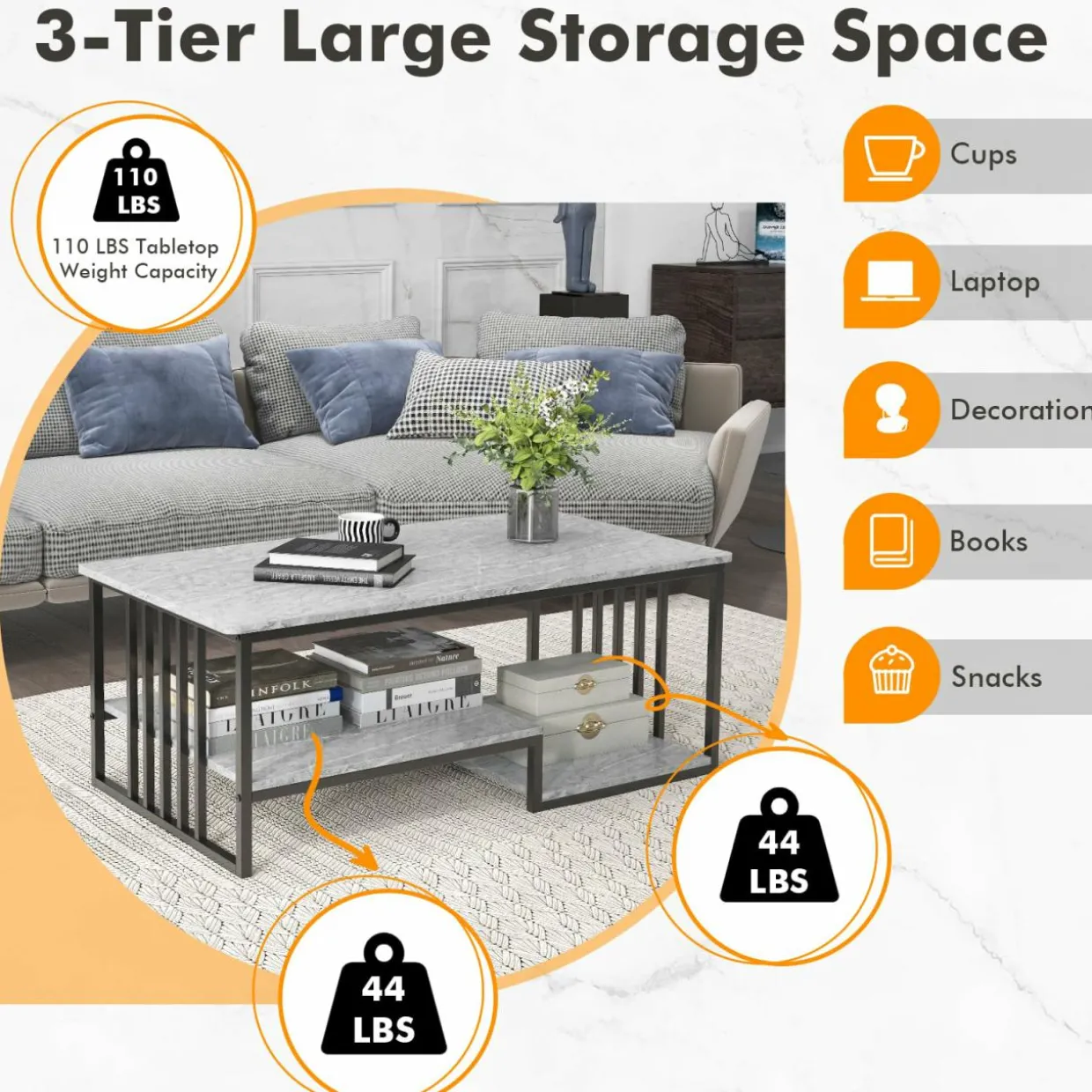 Tangkula Small Coffee Table for Small Spaces, Rectangular Cocktail Table with Storage (Retro, Gray, 43 Inch)