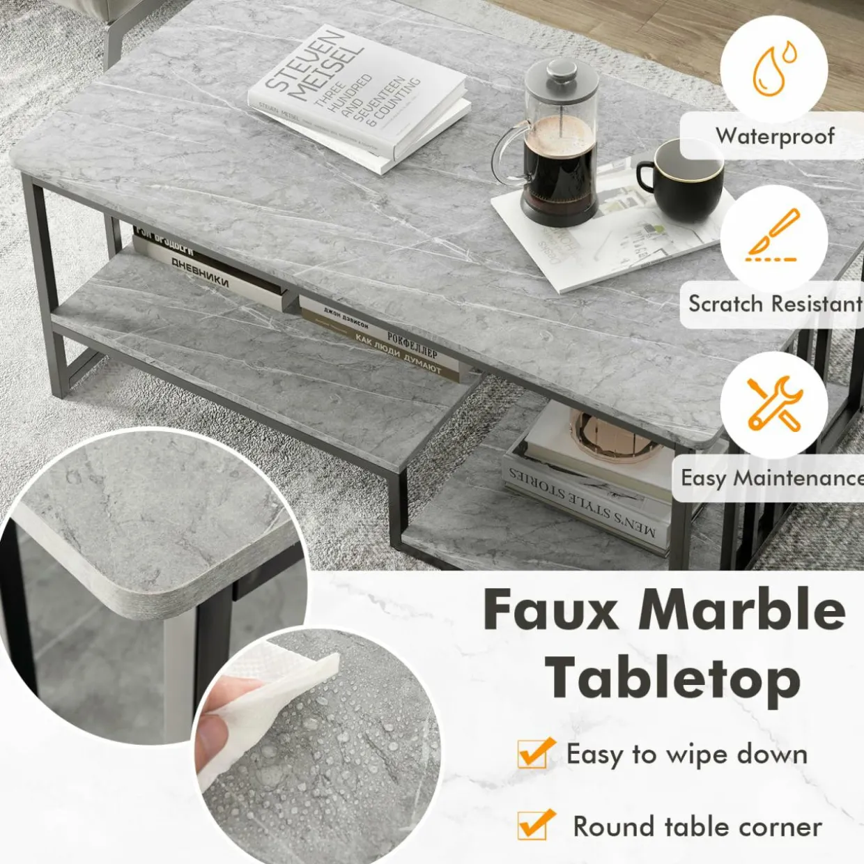 Tangkula Small Coffee Table for Small Spaces, Rectangular Cocktail Table with Storage (Retro, Gray, 43 Inch)