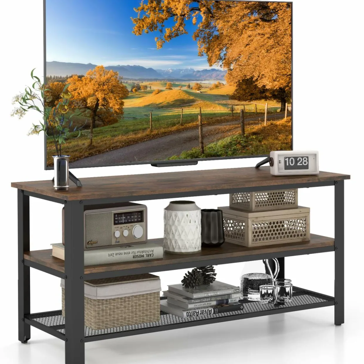 Tangkula Small TV Stand for TVs up to 50 Inch, 3-Tier TV Console Table with Power Outlets, USB Ports