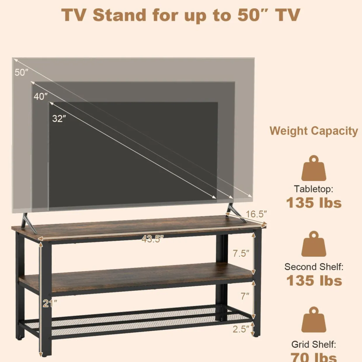 Tangkula Small TV Stand for TVs up to 50 Inch, 3-Tier TV Console Table with Power Outlets, USB Ports