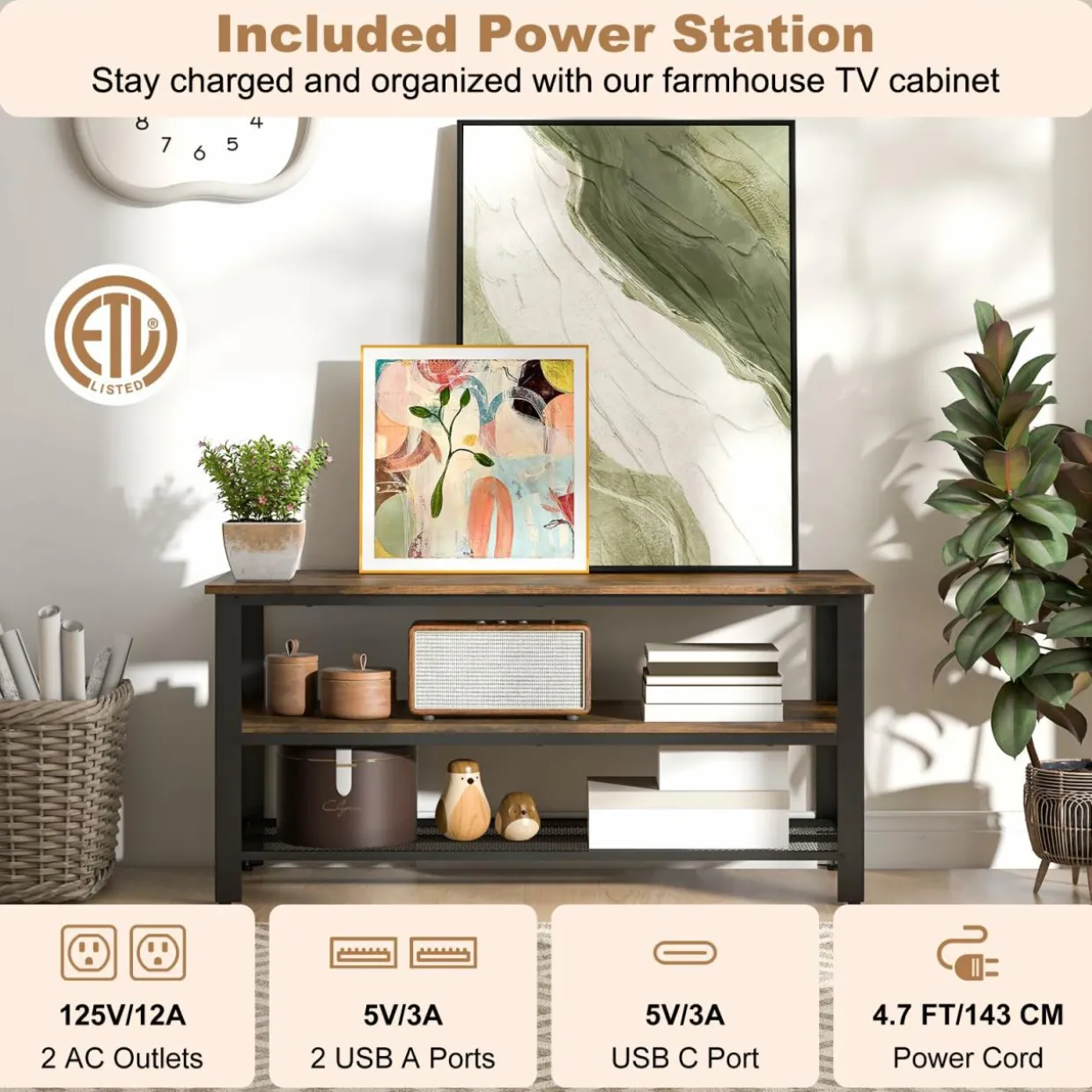Tangkula Small TV Stand for TVs up to 50 Inch, 3-Tier TV Console Table with Power Outlets, USB Ports