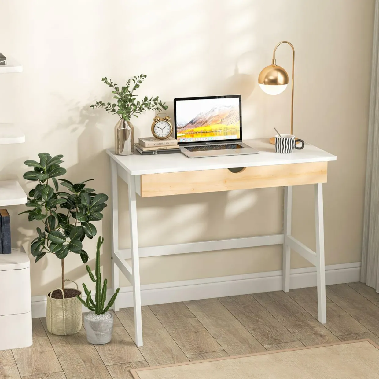 Tangkula Small White Desk with Drawer, Small Space Writing Study Desk