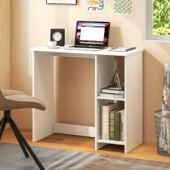Tangkula Small White Desk with Shelves, Compact Small Desk for Small Space