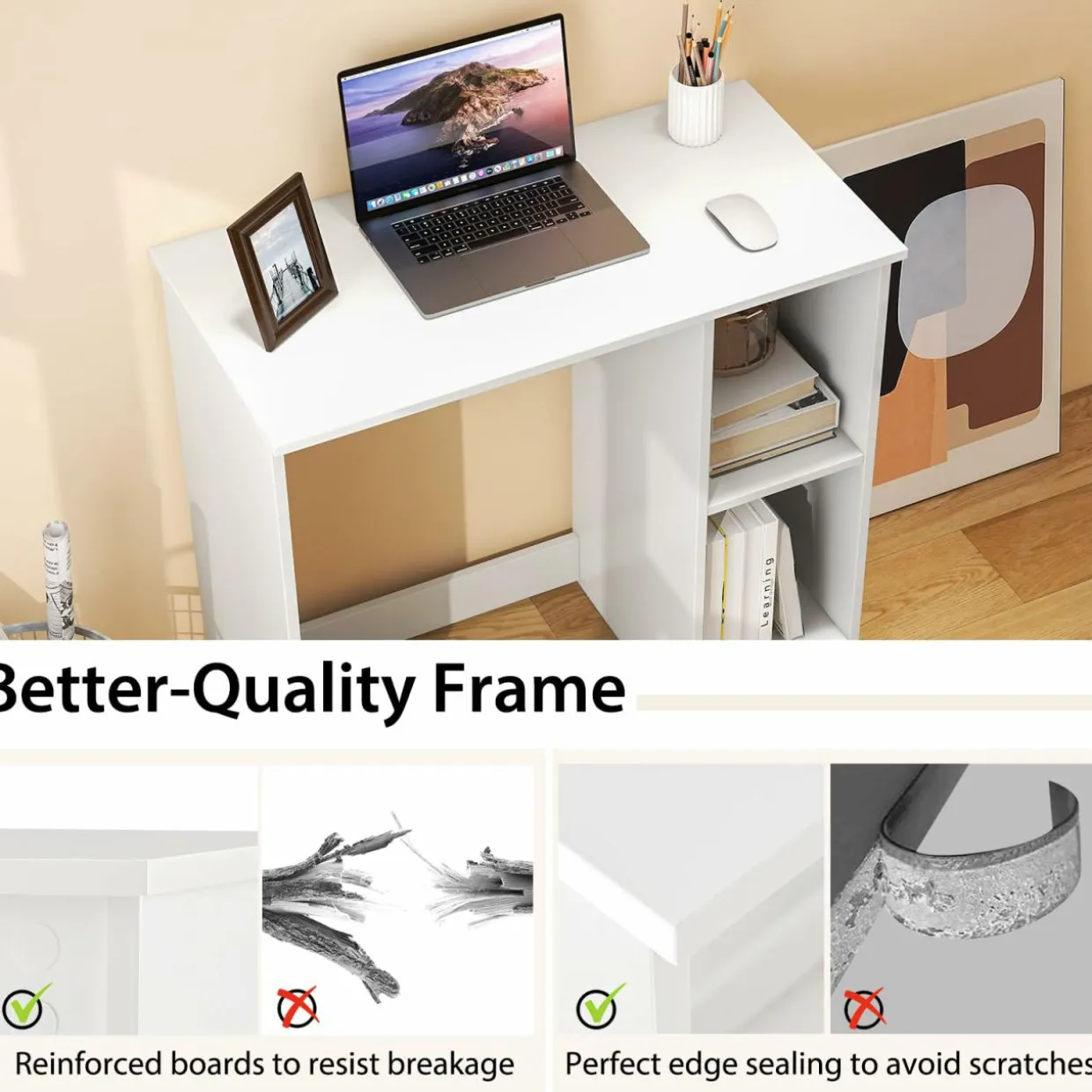 Tangkula Small White Desk with Shelves, Compact Small Desk for Small Space