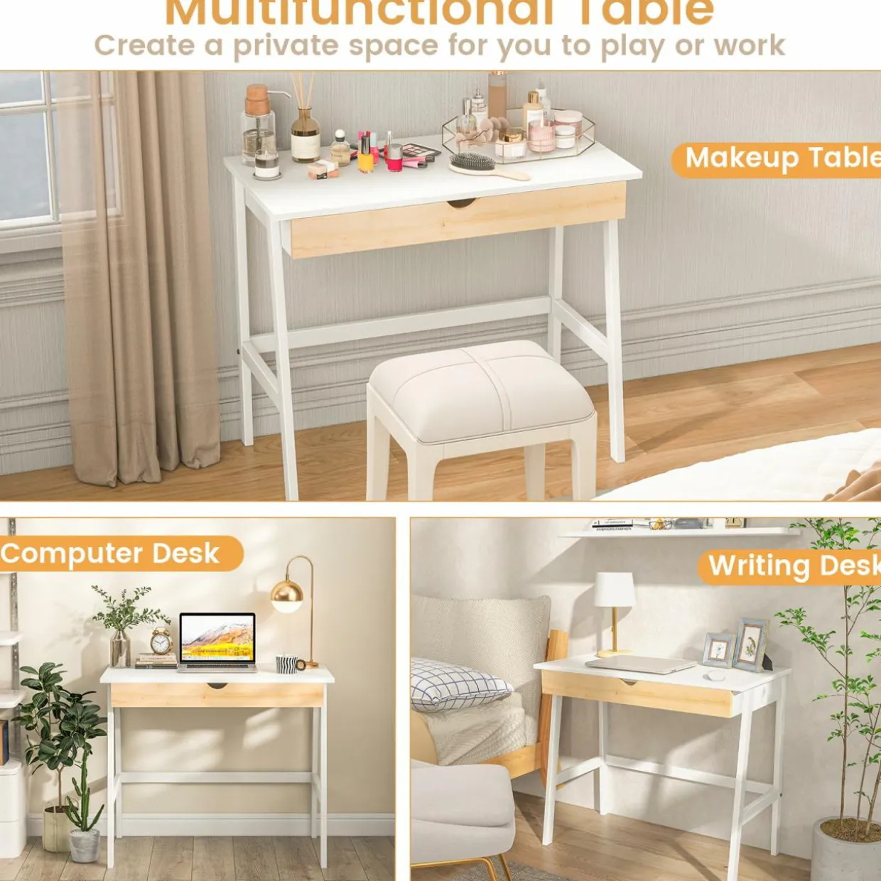 Tangkula Small White Desk with Drawer, Small Space Writing Study Desk