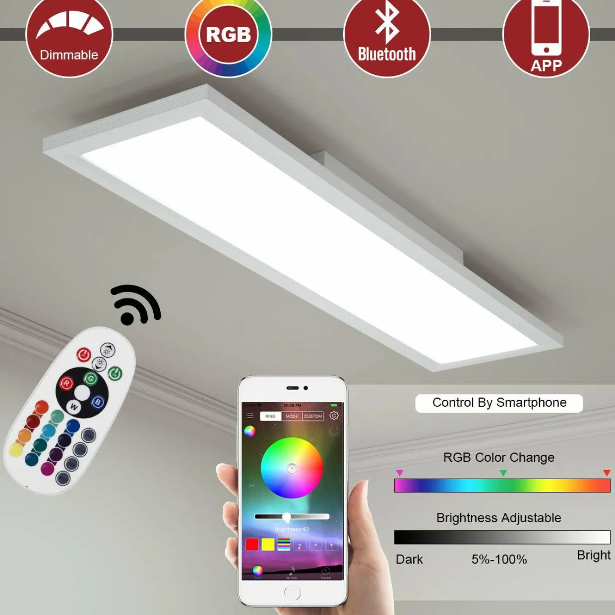 Tangkula Smart LED Ceiling Light, Dimmable RGB Light Panel with APP Control, 18W LED 1300 Lumens (White)