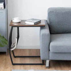 Tangkula Sofa Side End Table, C Table Snack Table with Side Pocket & Metal Frame, Over Bed Table Industrial Side Table for Sofa Couch Bed
