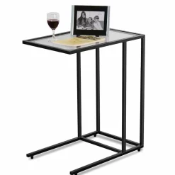 TANGKULA Sofa Side End Table, C Shaped Table Snack Table with Glass Top & Steel Frame