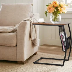 Tangkula Sofa Side End Table, C Table Snack Table with Side Pocket & Metal Frame, Over Bed Table Industrial Side Table for Sofa Couch Bed