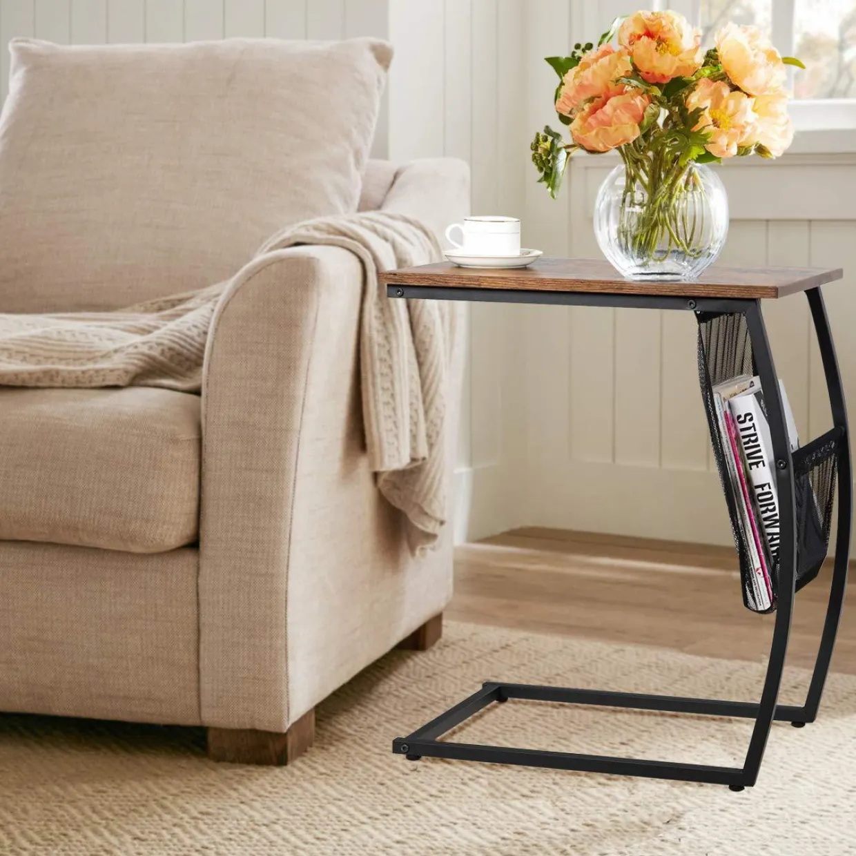 Tangkula Sofa Side End Table, C Table Snack Table with Side Pocket & Metal Frame, Over Bed Table Industrial Side Table for Sofa Couch Bed