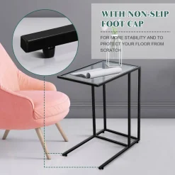 TANGKULA Sofa Side End Table, C Shaped Table Snack Table with Glass Top & Steel Frame