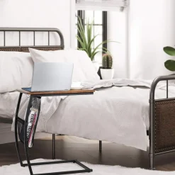 Tangkula Sofa Side End Table, C Table Snack Table with Side Pocket & Metal Frame, Over Bed Table Industrial Side Table for Sofa Couch Bed